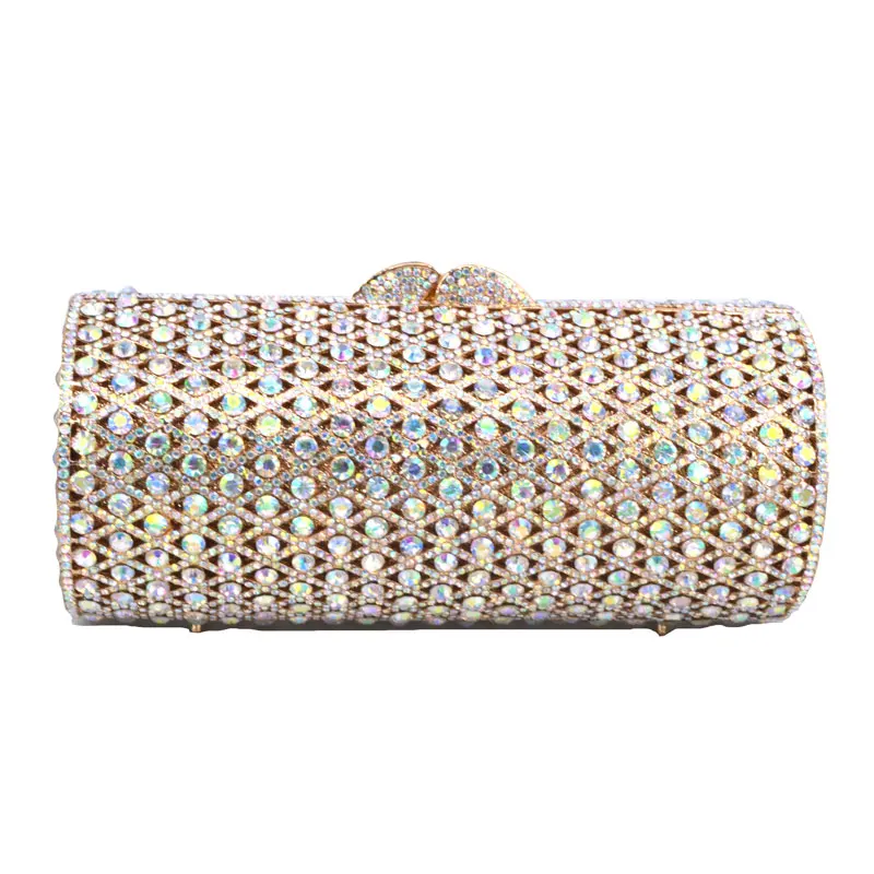 

Luxury Women Cylinder Crystal Chain Shoulder Handbag Metal Small Casual Clutch Bag Wedding Party Bag and Purse