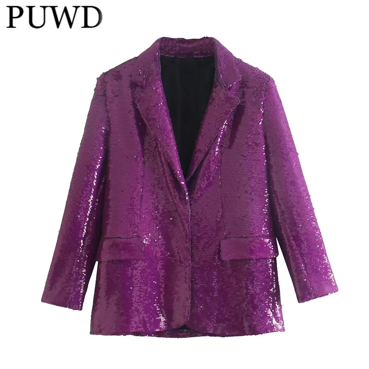 

PUWD Women Purple Sequins Jacket 2022 Spring Fashion Ladies Casual Long Sleeve Turn Down Collar Porket Shirt Female Suit Type