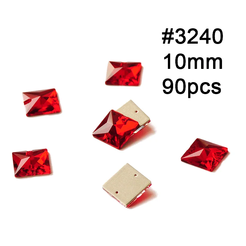 Square 10mm 90pcs Хрустальные Стразы светло Сиам красное стекло пришивные стразы с отверстиями плоские с оборота DIY Швейные Стразы для одежды свадебное платье - Цвет: Square 10mm 90pcs