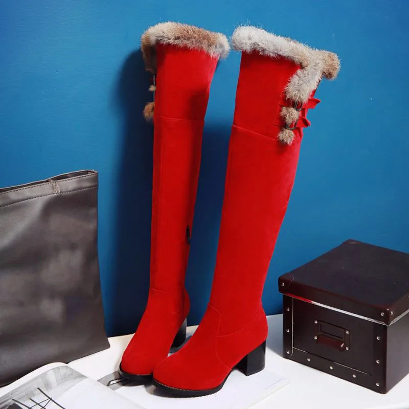 KemeKiss Warm Winter Over Knee High Women Boots Fur Thick Heel Platform Work Shoes Women Sexy Female High heels Size 33-47