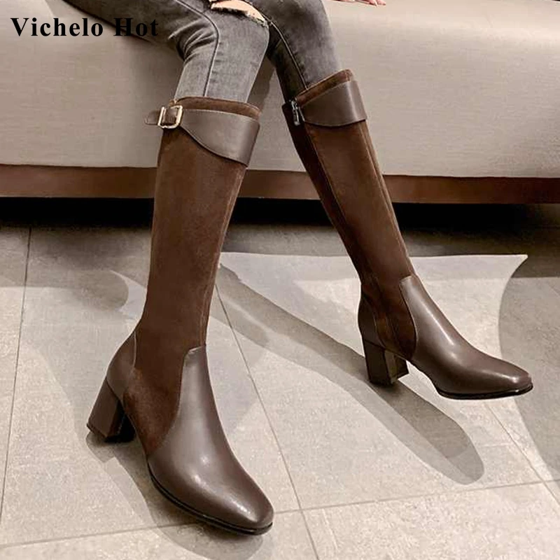

Vichelo Hot new unique design knight boots genuine leather square toe high heels buckle straps winter women thigh high boots L11