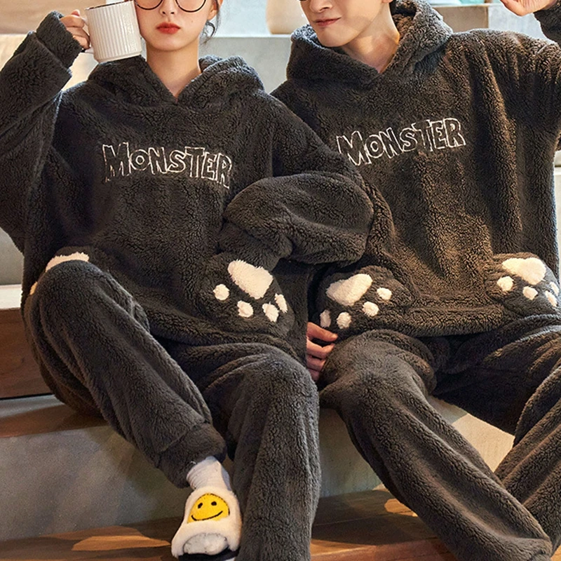 mens silk pajamas 2 Pcs Winter Men's Pajama Warm Cartoon Anime Cute Sleepwear Hooded Flannel Thicken Couple Pyjama Plus Size Female Home Clothes cotton pjs Pajama Sets