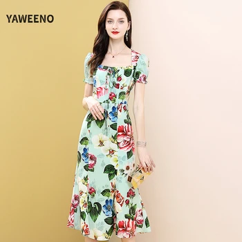 

Yaweeno 2020 New High-Quality Runway Fashion Summer Dress Women's Elegant Printed Sexy Square Collar Vacation Midi Dresses