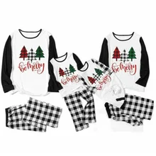 Christmas Family Pajamas Set Printed Long Sleeve Top & Plaid Pants Sleepwear Men Women Kid Baby Homewear Loungewear
