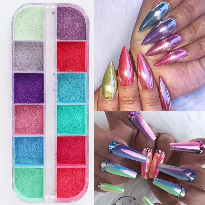12 Grids Chrome For Nail Art Decorations Nail Powder Dipping Shimmer Dust Colorful Pigment Powder Rubbing Pearl Glitter