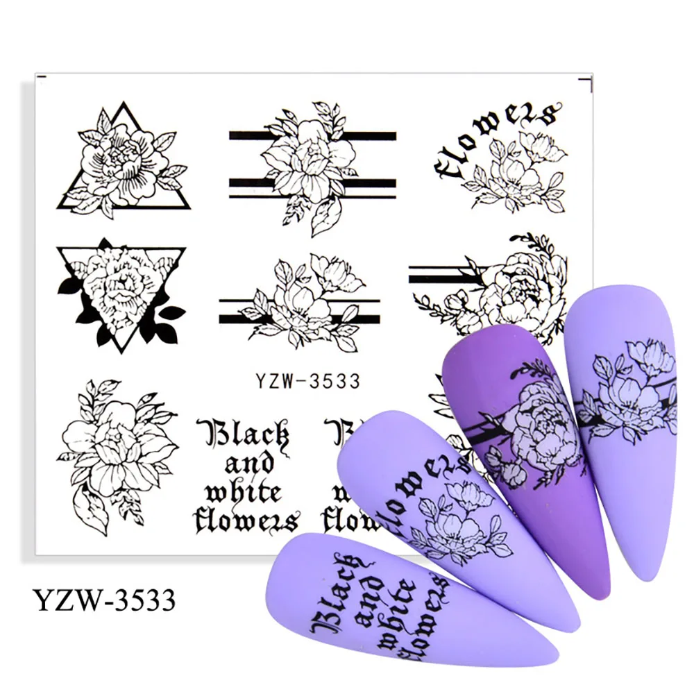 Big Patten Words Nail Stickers For Nails Flower Nail Art Sticker Geometric Black Transfer And Decals Leaf Watermark Nails Decal Nail Stickers