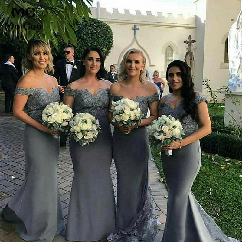 Vestidos de dama honor sirena gris hombros descubiertos, satén, encaje con cuentas, Espalda descubierta, largo, Formal, fiesta de boda, invitados, baile de graduación, vestidos de noche|Vestidos para dama de