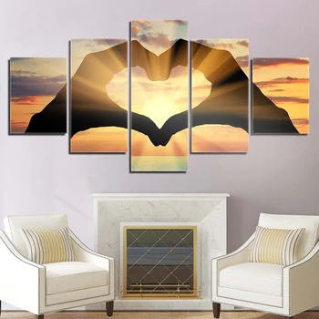 

Modern Scenery Wall Art Canvas Paintings 5 Pieces HD Print Sunset Heart Shape Posters Home Decor Wall Paintings For Living Room