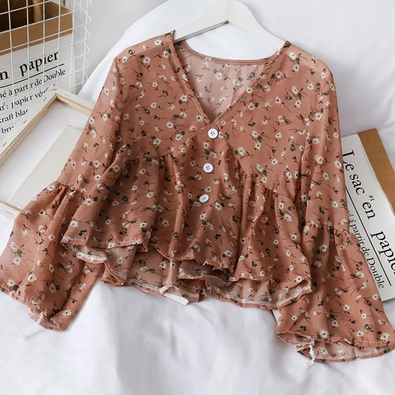 Women's V Neck Fashion Floral Print Chiffon Blouses Sweet Small Fresh Long Sleeves Chiffon Shirt Blouses silk blouses Blouses & Shirts