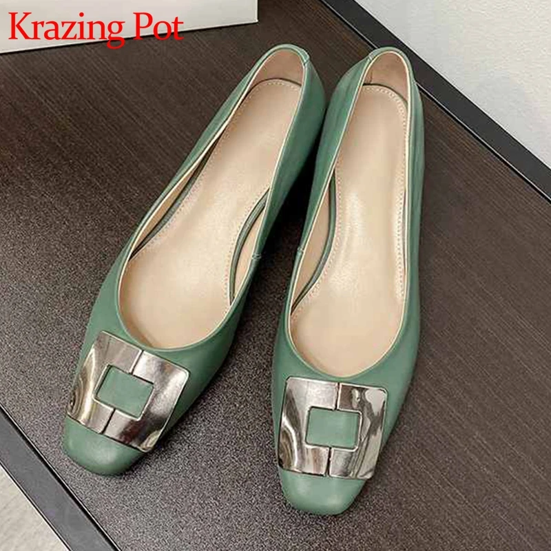

Krazing pot genuine leather fashion metal decorations small square toe med heels slip on loafers women streetwear cozy pumps L08