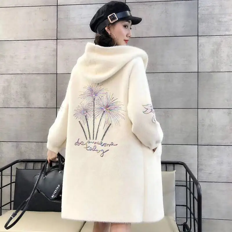 

Thick Hooded Mink Cashmere Overcoat Women's Mid-length Plush Velvet Jacket Korean-style Loose Autumn And Winter New Style Embroi