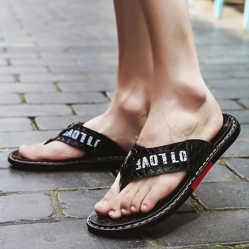

England Summer Outer Wear Leather Slippers Men's Trend Korean-style Cool Flip-flops Men Outdoor Genuine Leather Slippers Versati