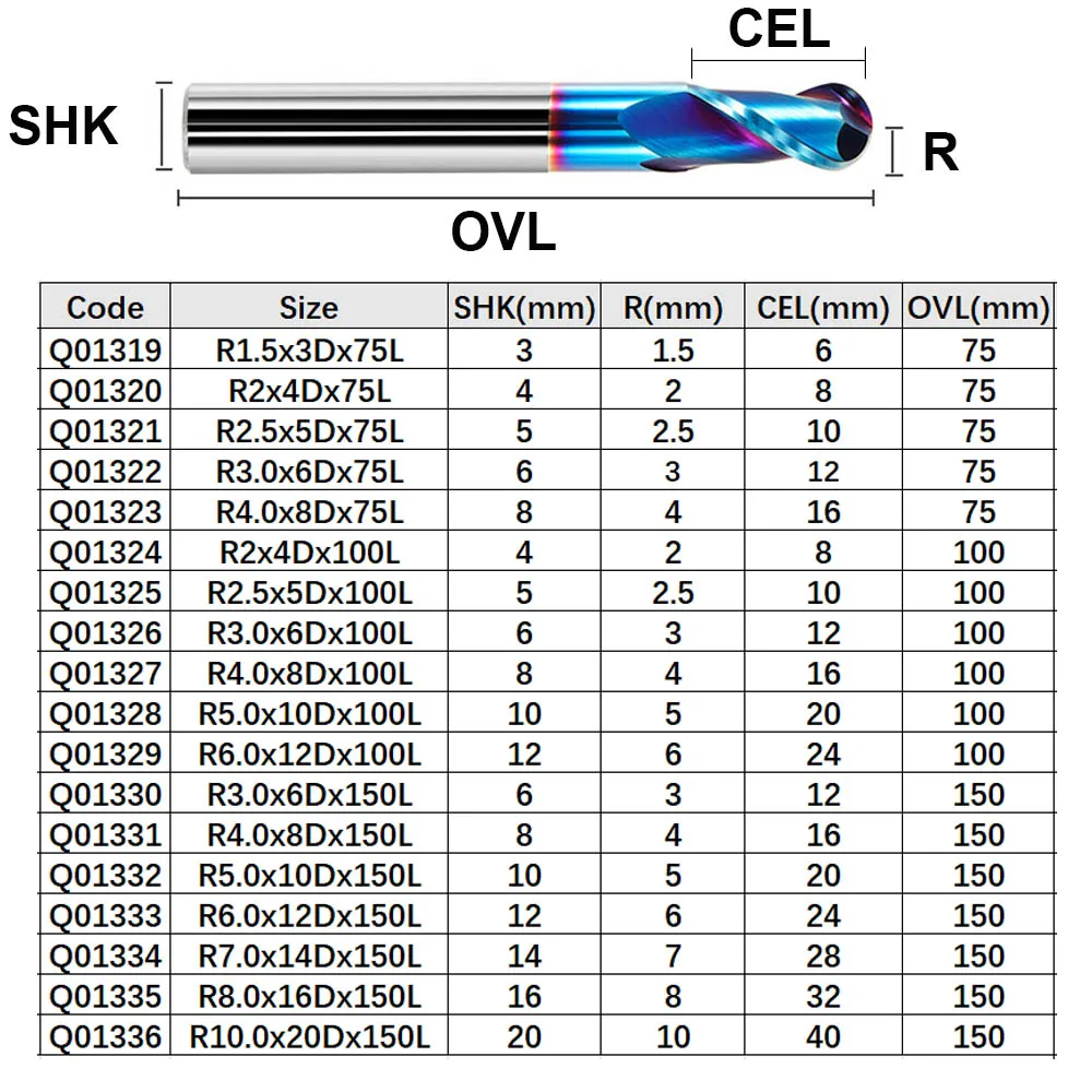 HRC65 Ball Nase Ende Mühle CNC Router Bits Doppel Flöte Spirale Fräsen Werkzeug Hartmetall Cutter mit Nano Blau Mantel 3 4 6 8mm – Detail 2
