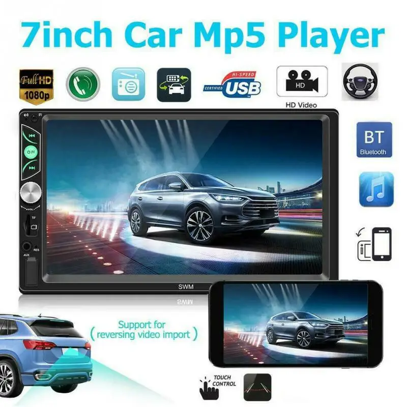 

Double 2 Din 12V Universal Aux Car MP5 Player Video With Rear Camera FM Radio Audio Stereo 7 Inch Screen Mirror Link Bluetooth