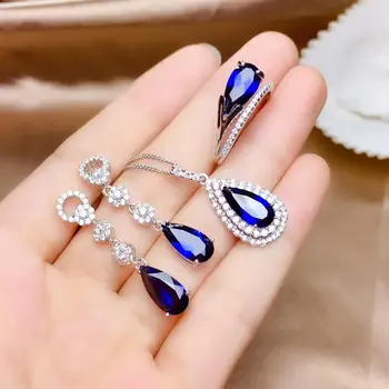 

New Arrival Real and Natural Sapphire jewelry set Natural Real Sapphire 925 sterling silver 1pc pendant,1pc ring,2pcs Earring