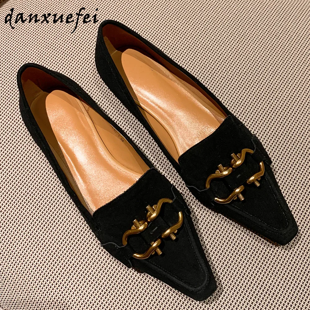 

Women's natual suede leather metal buckle slip-on flats leisure soft comfortable espadrilles pointed toe casual daily shoes sale