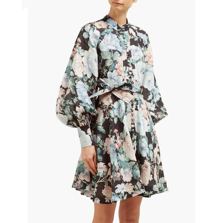 

High Quality Ladies Linen Floral Printed Button Front Short Dress With Puff Sleeve & Detachable Waist Tie - Bopstyle New Dress