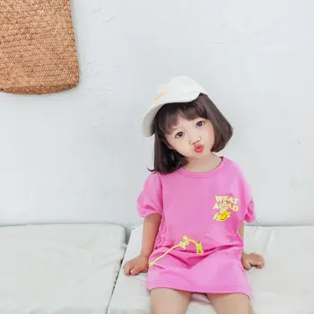 

Children Spring/Summer Girls Short Sleeve with Cartoon Casual Dresses 2020 Smiley Print Pink Cotton Leisure Style Dress