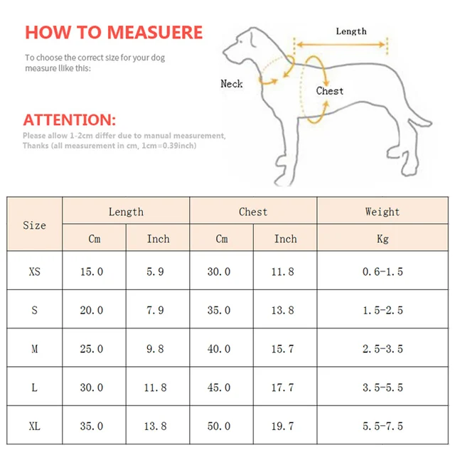 Animal Cartoon Costume for Dog Size Chart