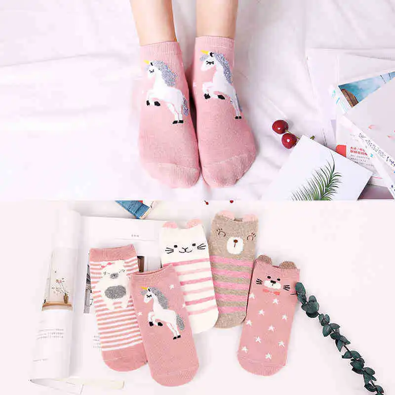 5 пар, женские хлопковые носки, розовые милые носки с смайликом, короткие носки, зимние носки, повседневные носки с ушками животных, красные носки для девочек с сердцем
