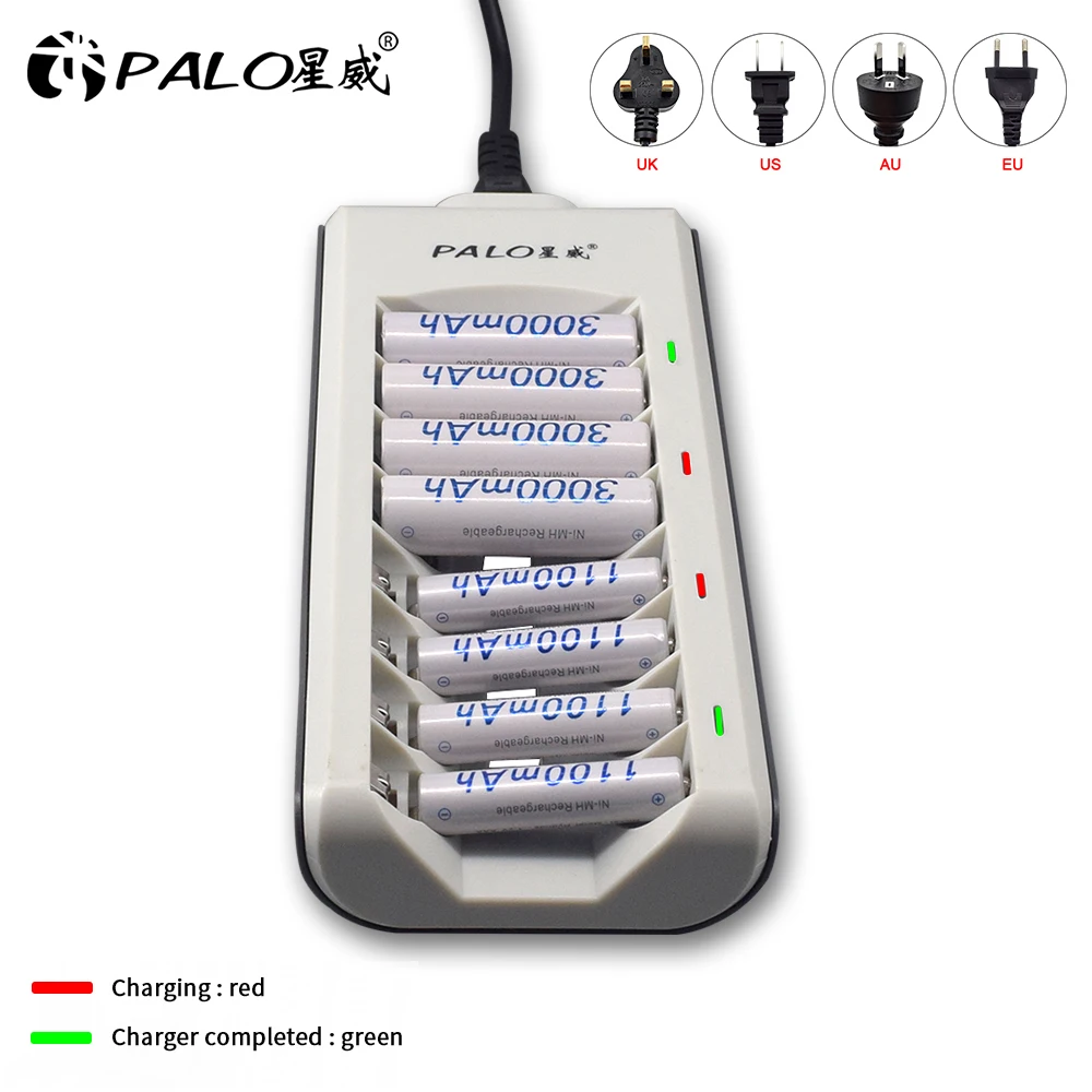 PALO 8 slots LED display smart AA AAA battery charger for AA/AAA nimh nicd battery+12pcs Ni-MH AA rechargeable batteries 1.2V