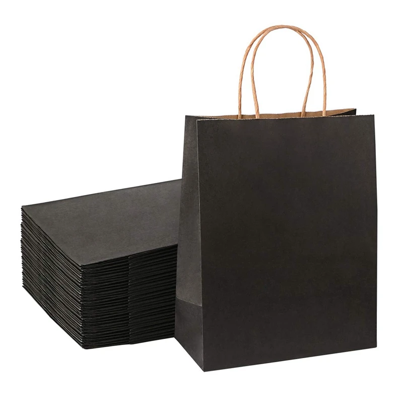 

100PCS DIY Multifunctional Soft Black Paper Bag with Handle 21X15X8cm Holiday Gift Bag High Quality Shopping Bag Kraft Paper
