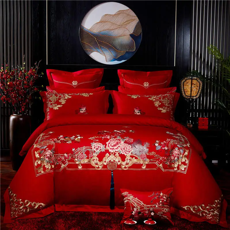 純正取寄 中国の結婚式の高級シックなフラワー刺繍王女赤100 綿の寝具セット布団カバーベッドシート枕ホームテキスタイル クリアランスアウトレット Sugarlive Co Id
