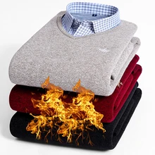 Зимние Поддельные Двух Частей Теплая мужская рубашка пуловер свитер повседневные рубашки мужские плюс бархатные толстые рубашки мужские платья рубашка с длинными рукавами мужские