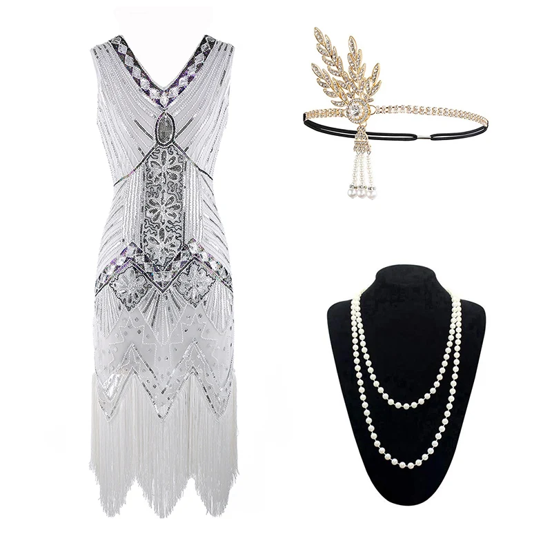 White Set Винтажное женское платье 1920s Gastby со сплошным расшитым блестками Сетчатое платье в стиле модерн украшенное бахромой платье размера плюс черный/зеленый/белый/золотой - Цвет: White Set