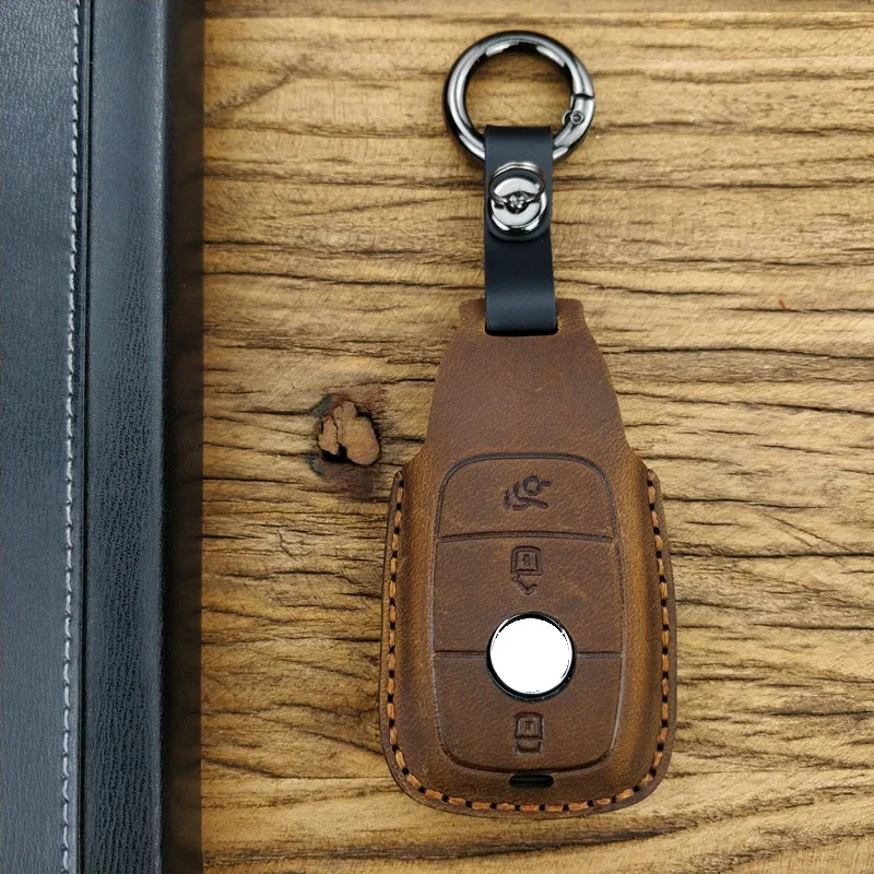 MDNEN Genuine Leather Handmade Car Keychain First Layer Cowhide Key Case Mercedes Benz E-class Suede Leather Key Chain Wallet - Цвет: Brown