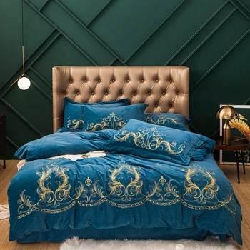 

Luxury Blue Brown Green European Gold Embroidery Winter Fleece Flannel Velvet Bedding set Duvet cover Bed Sheet/Linen Pillowcase