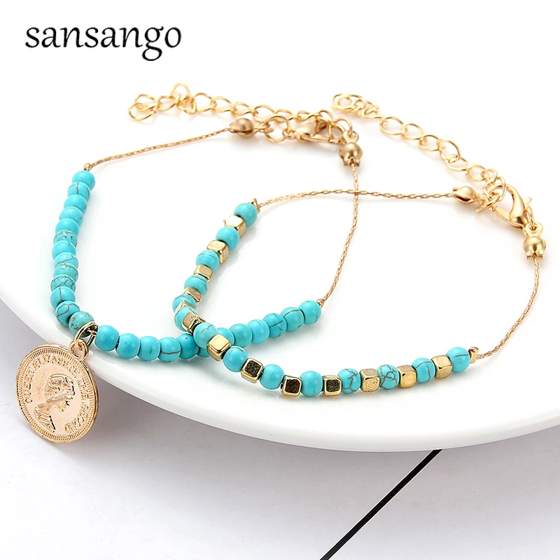 

2019 Blue Bracelet Beaded Shell Pendant Anklet Alloy Bohemian Adjustable Bracelet For Women Girls Jewelry Gift