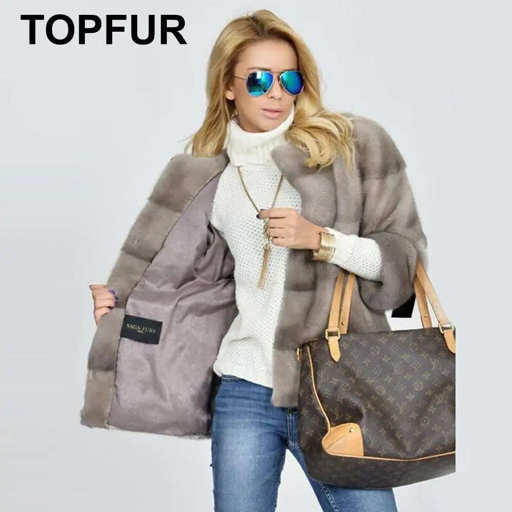 TOPFUR Winter Real Mink Fur Coat Women Natural Mink Fur Thick Warm O-Neck Three Quarter Sleeves Standard Regular Coat Women