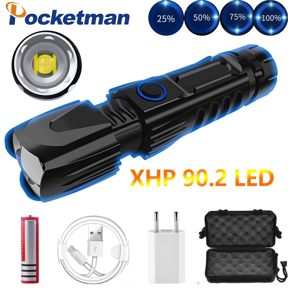 

2020 new zoom Flashlight Torch xhp90 Tactical waterproof Smart chip control Lamp power by 1*26650 battery for Camping Hunting