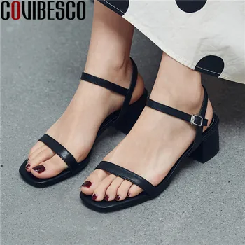 

COVIBESCO Concise Genuine Leather Buttoned Sandals Fashion Lace Up Thic High Heels Pumps 2020 Newest Party Prom Shoes Woman