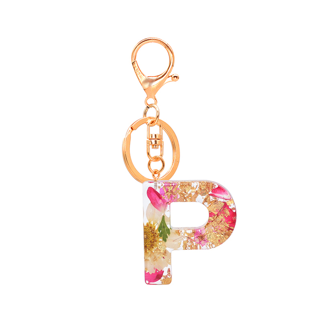 Dried Flower Letter Keychain Creative Colorful 26 English Letter Initial Resin Handbag Keyring Accessories For Women