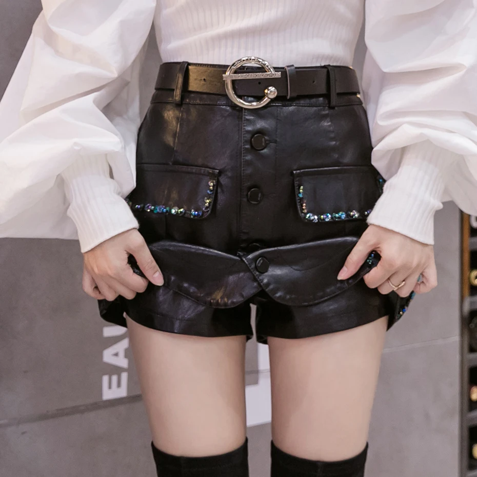 QoerliN Handmade Beaded PU leather Skirts Women High Waist Slim Skirt Mini Skirts Shorts with Lining A-line Saia  No Belt