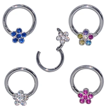 

4PCS Steel CZ Gem Flower Hinged Segment Ring Crystal Septum Clicker Hoop Nose Labret Ear Tragus Cartilage Daith Helix earrings