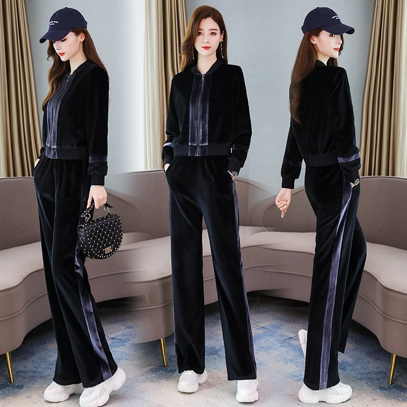 

2019 Women Autumn Warm Velvet 2 Pcs Set Two Piece Set blouse tops and Pant trousers Suit