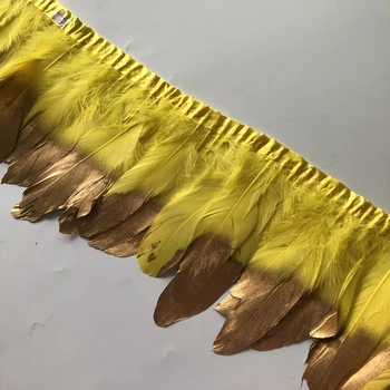 

4 meter Yellow Real Goose feather Trims Ribbons 15-20cm Golden Paint Geese for Dress Clothing Decoration Sewing feathers Crafts