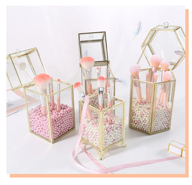 Geometric Glass Makeup Brush Box Holder Jewelry Box Pencil Bucket Makeup Organizer Desktop Cosmetic Storage Box Pearls Barrel