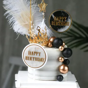 

New INS Gold Black Marble Acrylic Cake Topper Round Shape Happy Birthday Cupcake Topper For Baby Shower Wedding Cake Decortion