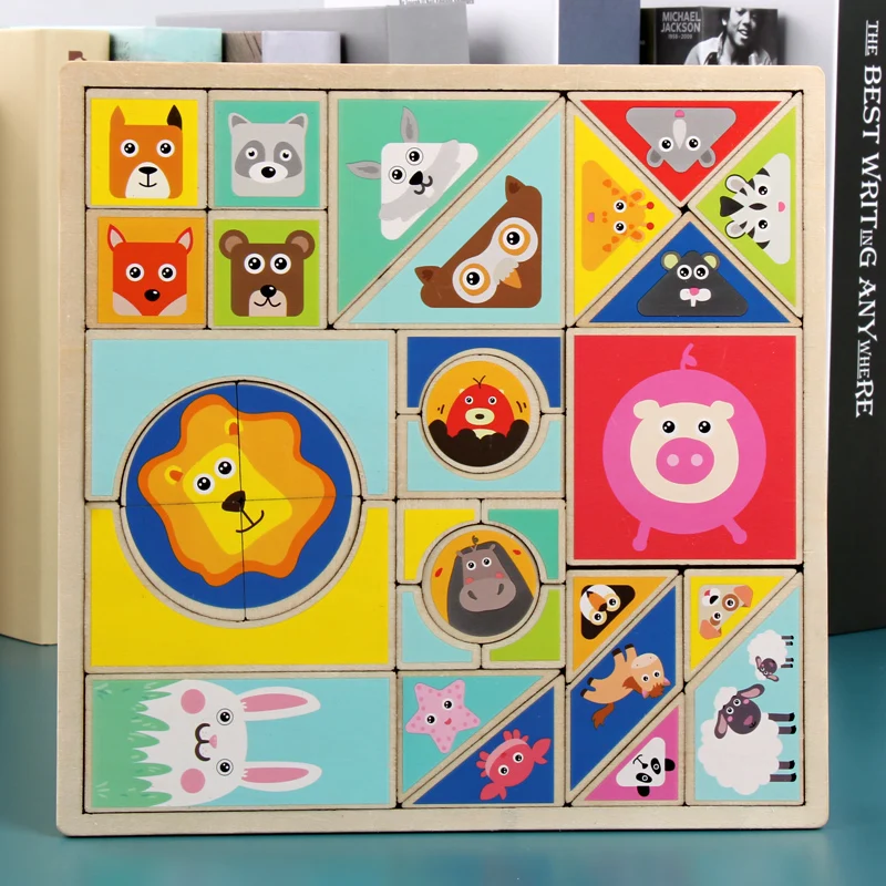 

Free shipping Geometric Shape Cartoon Animal Puzzles wooden jigsaw puzzle toys, Children's Educational Classic puzzle baby gift