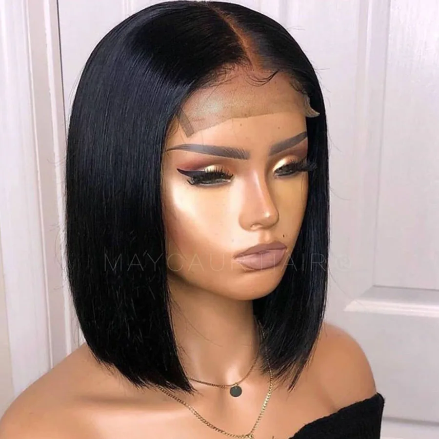 Maycaur Natural Straight Wigs For Black Women Synthetic Lace Front Wigs Short Cut Bob Hair Glueless Wig 12 Inch (3)