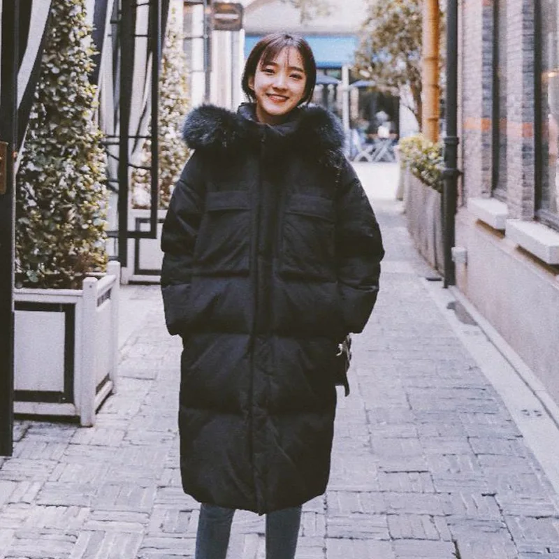 

Photo Shoot CHIC Mid-length Lake Water Blue Color Stand Collar down Coat Women's Hooded Model Large Fur Collar Best Friend Cotto