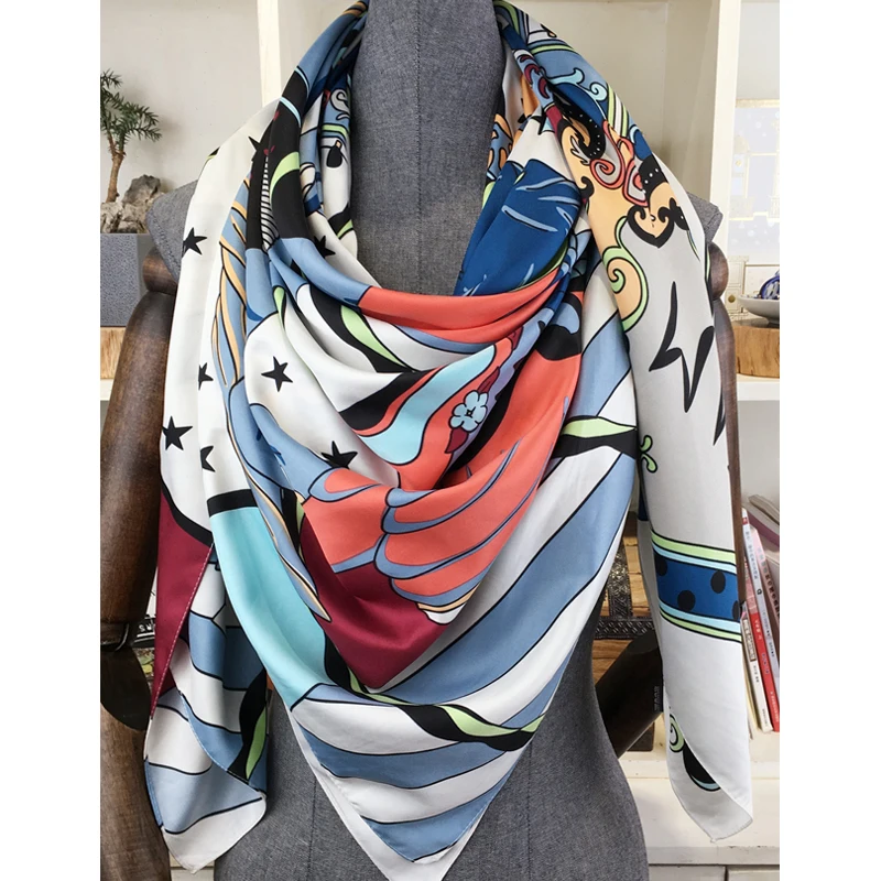 130*130cm Luxury Brand Printed Cartoon Square Scarf Twill Silk Scarf Kerchief Scarves For Ladies Women Fashion Shawls Echarpe