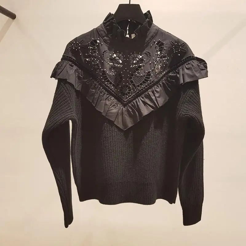 

Women's Beaded Embroidered Sweater Ruffled Long Sleeve Sweater O-Neck Pullover Elegant Sweater Knitwear