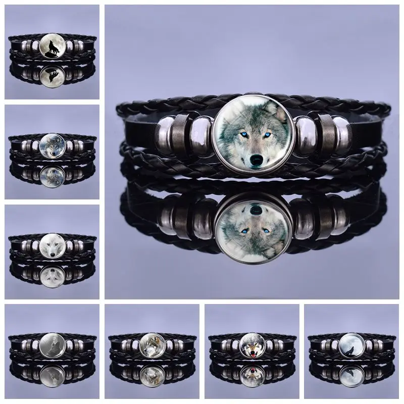 Black Wolf Bracelet Men Punk Wolf Head Button Weave Leather Bracelet