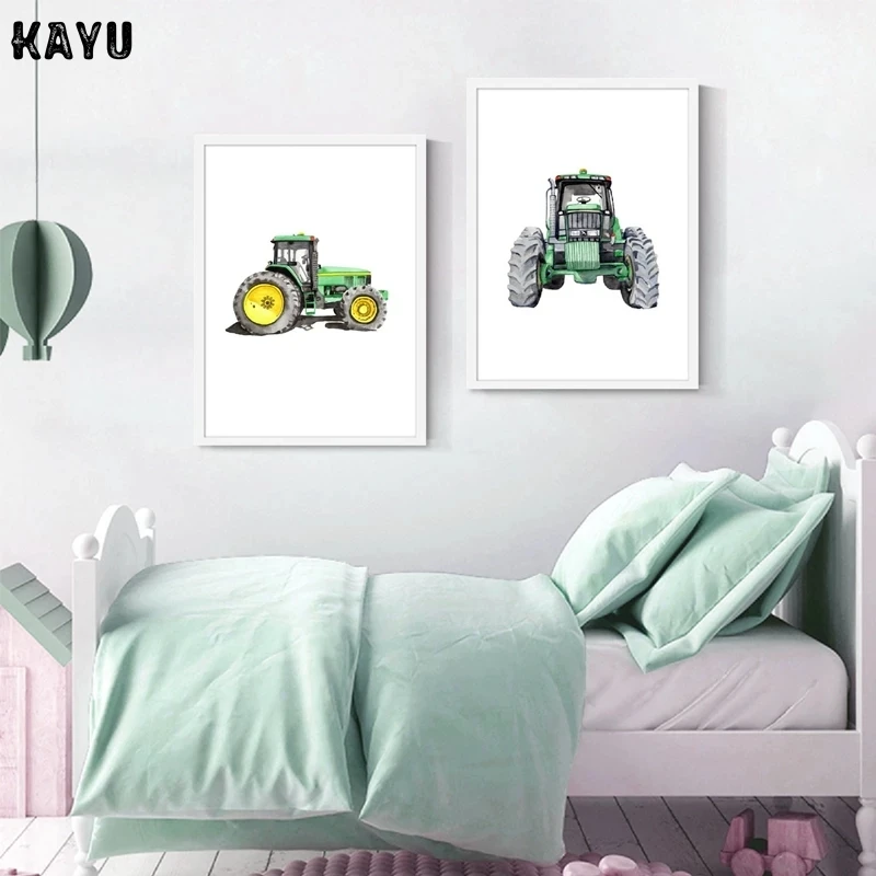 John Deere трактор Акварельная живопись для мальчиков Декор комнаты фермерское