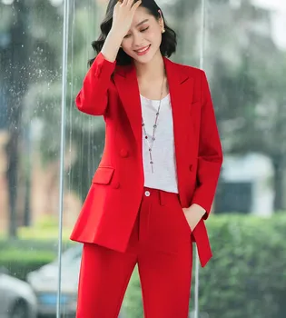 

New Office Work Blazer Suits OL Women Pants Suit Blazers Jackets with Trouser Red Pink Blue Two Pieces Set